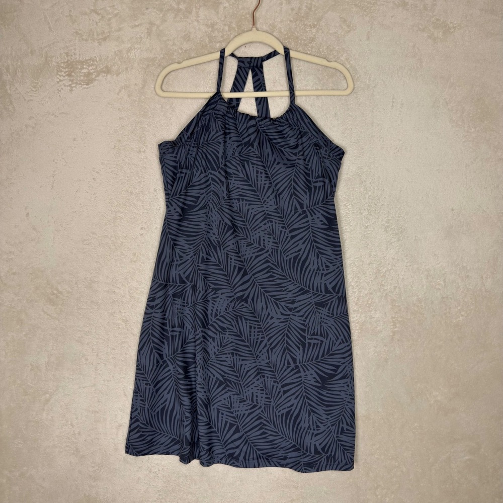 Eddie Bauer Women Blue Grey Palm Leaf Halter Dress Strappy Racerback Outdoor M